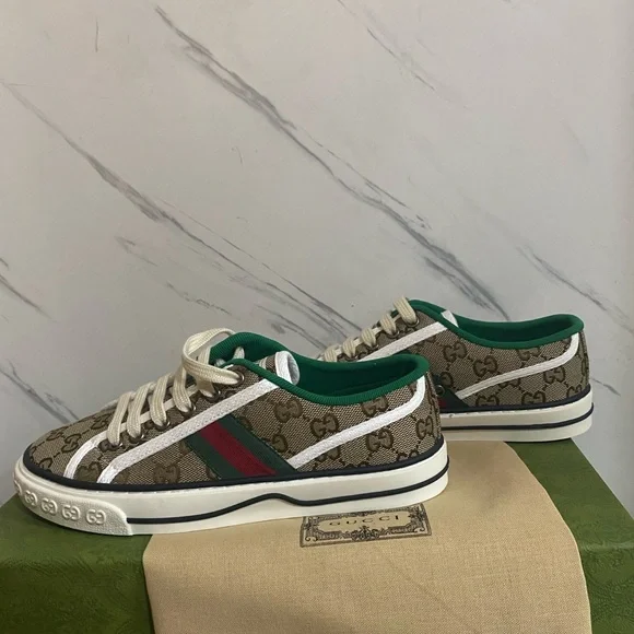 Gucci Women's Tan and Green Logo Sneakers - Picture 3 of 4